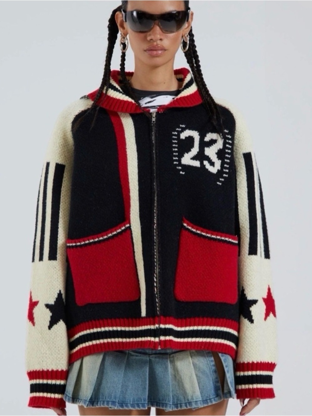 Jaded london Black, Red, Cream Striped Zip-Up Knit Hoodie jacket
